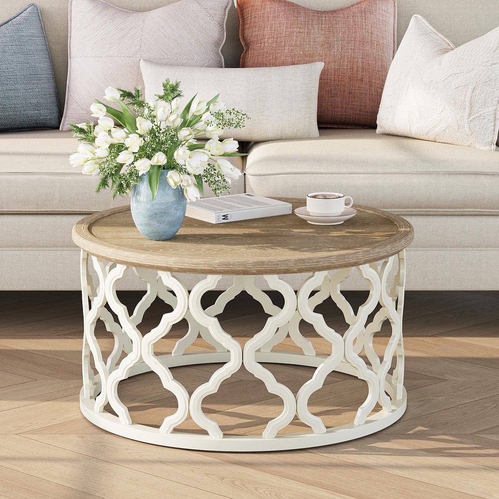 Create Farmhouse Elegance - Round Coffee Table with Distressed Tray Top