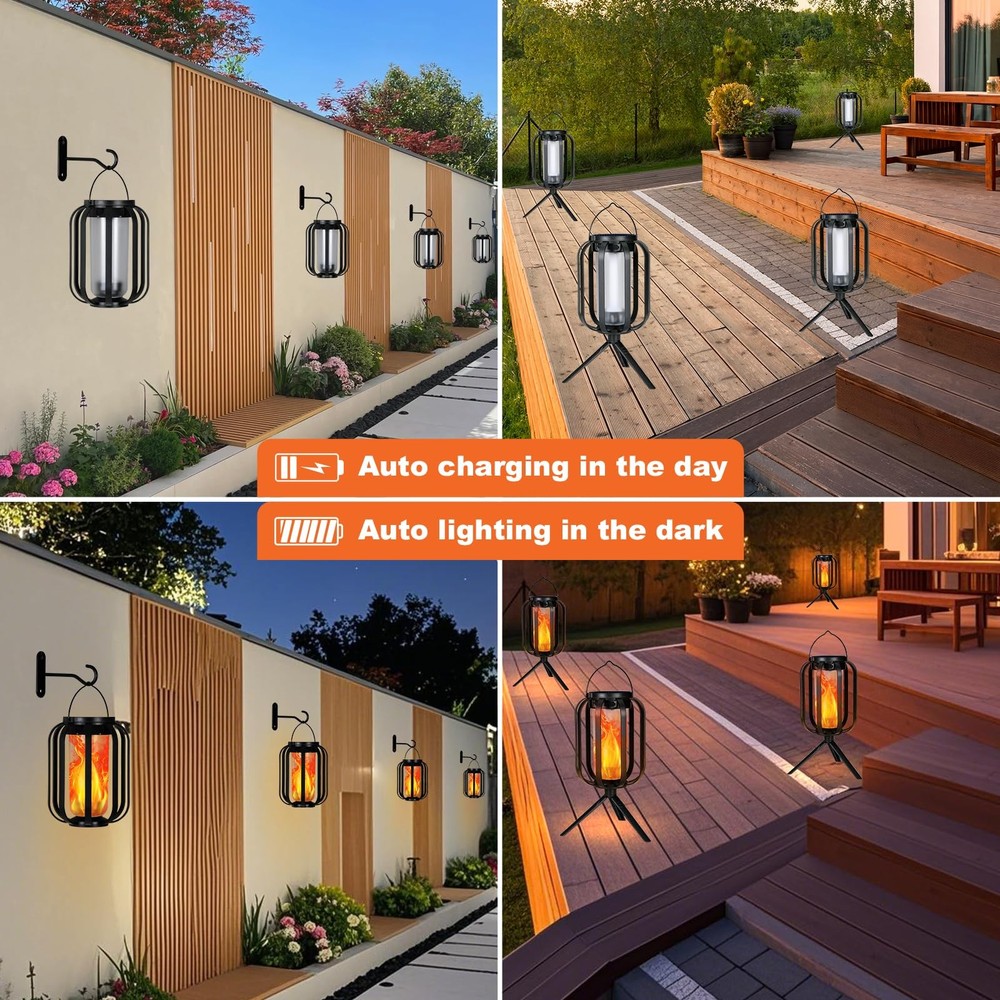 Solar Lantern Outdoor Lights, 2 Pack Waterproof Powered Lanterns Black