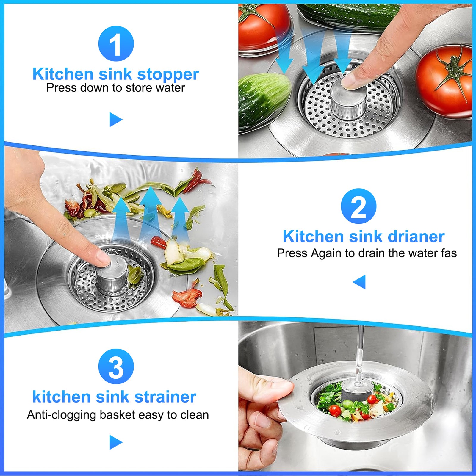 2PCS 5-in-1 Kitchen Sink Drain Strainer Stopper Pop Up Basket Anti-Clog Filter