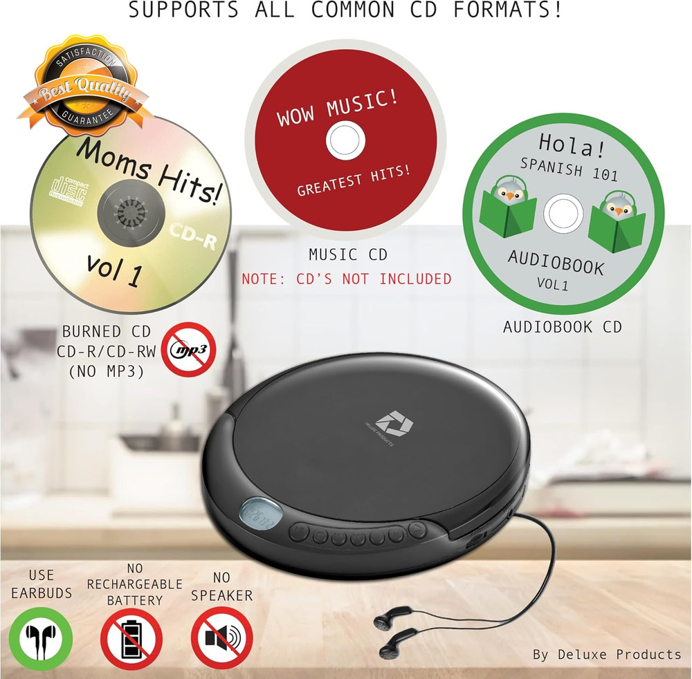Portable CD Player 60 Second Anti Skip Stereo Earbuds Aux AC USB Cable
