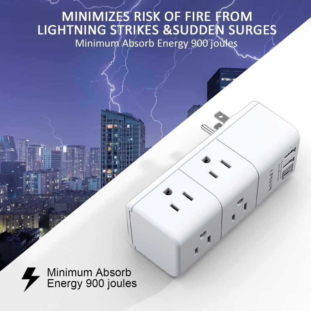 USB Outlet Extender Surge Protector - QINLIANF Rotating 6 Outlets, White