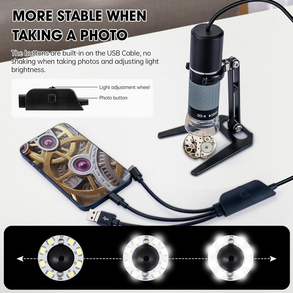 1080P USB Microscope with Metal Stand 50X-1000X Handheld Digital Microscope