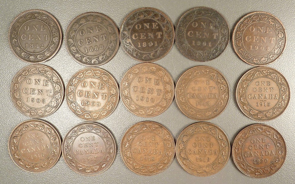 Canada Large Cents, 15 Different Dates 1882-1920, Nice Assortment.