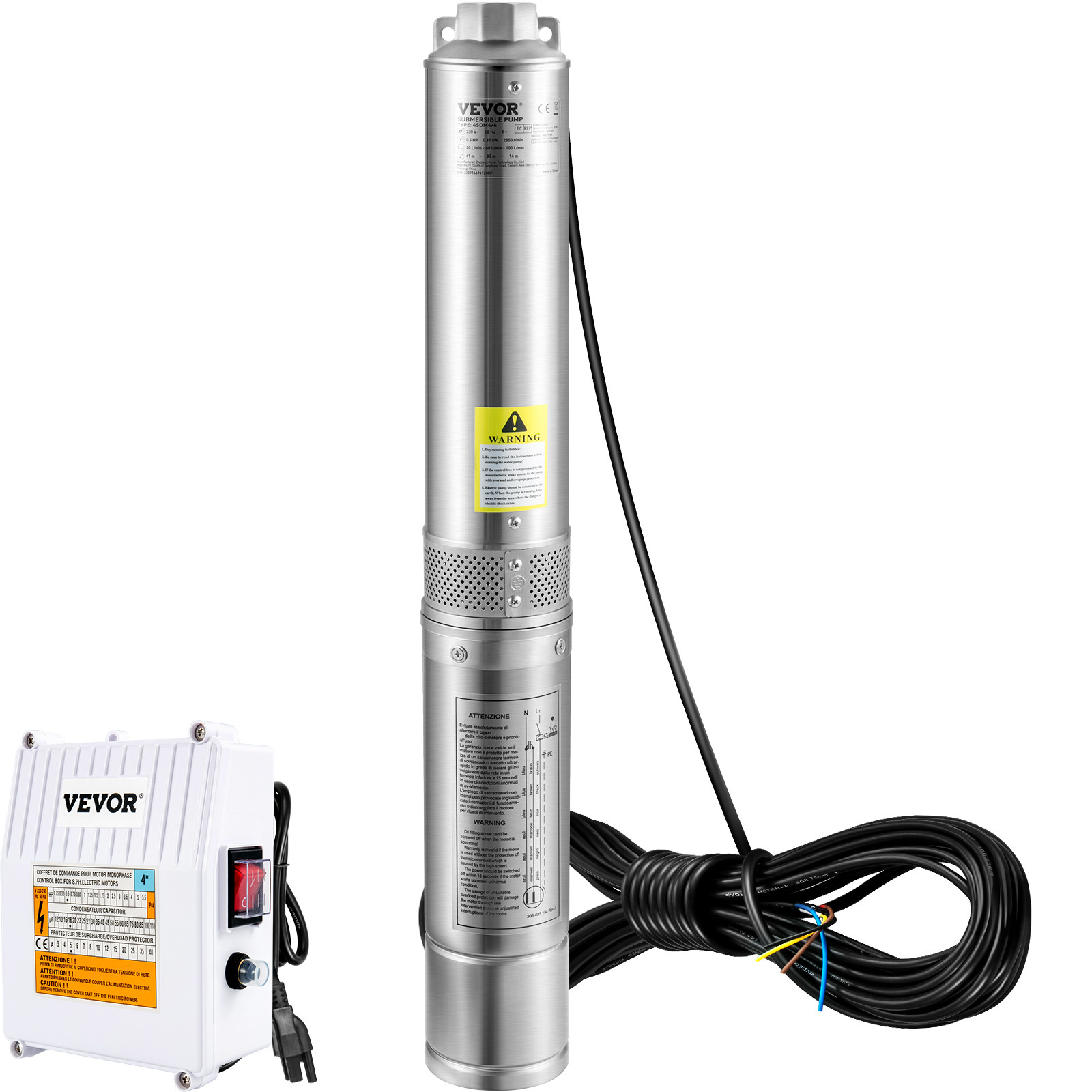 VEVOR Deep Well Submersible Pump Stainless Steel Water Pump 1.5HP 37GPM 276 ft