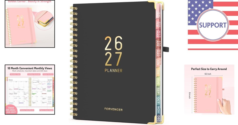 2026-2027 Black Calendar Planner - Spacious Layout for Students & Professionals