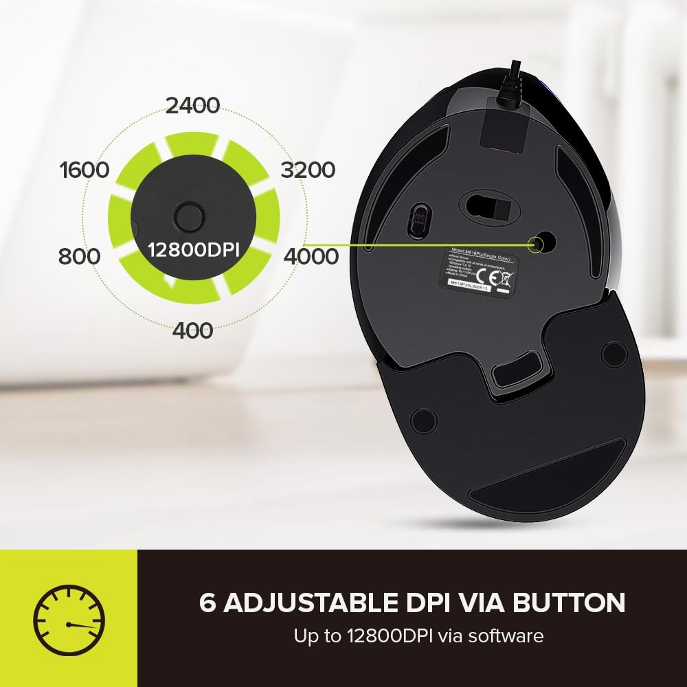M618Plus Wired Ergonomic Vertical Mouse, Large, RGB, 6 Button, 4000DPI, Rest