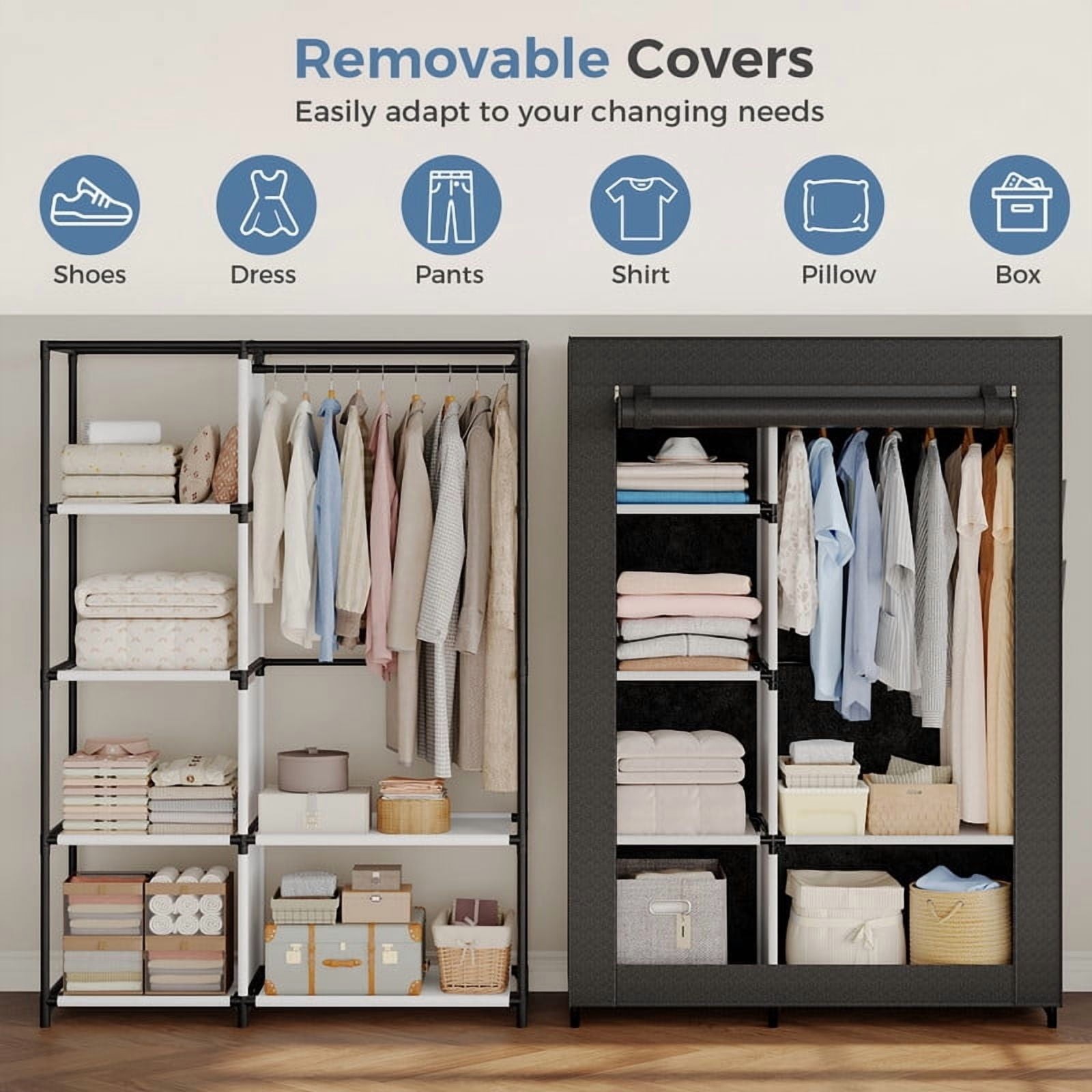 Heavy-duty hanging clothes rack with fabric cover, portable freestanding multi