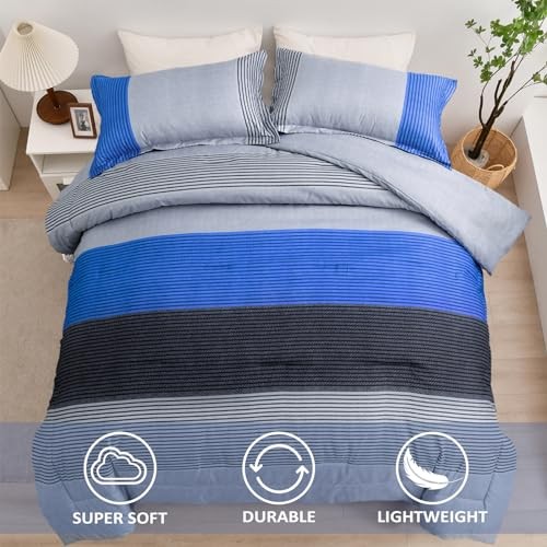 Comforter Set Reversible Grey Striped Patchwork Alternative Queen Blue