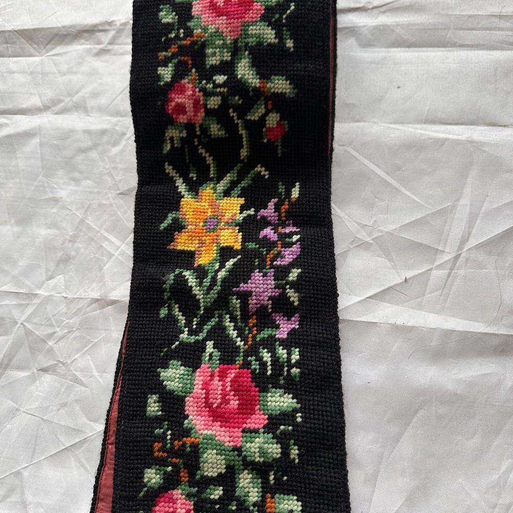 Vintage Black Needlepoint Flowers Bell Pull 42" With Brass Hardware