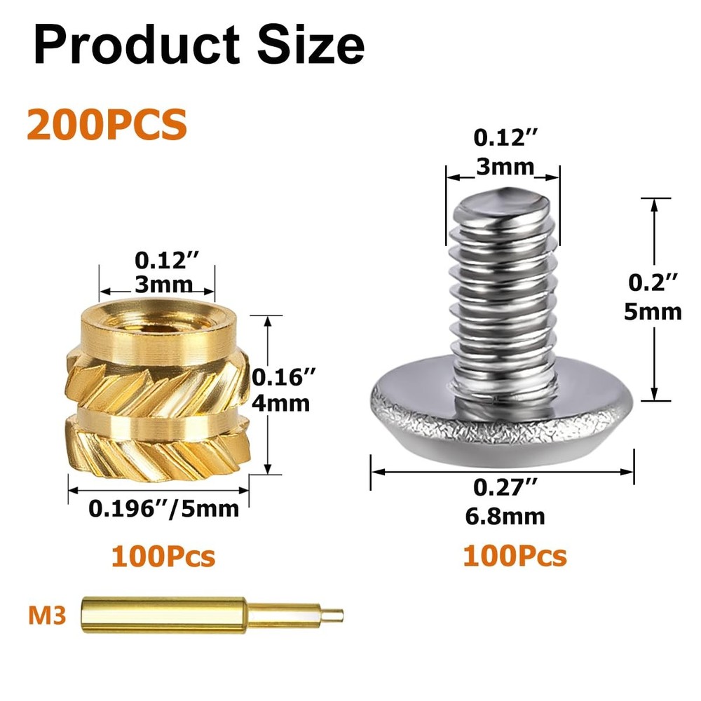 200Pcs Threaded Inserts Bolt Set 100pcs M3x4x5 Heat Kit, Gold