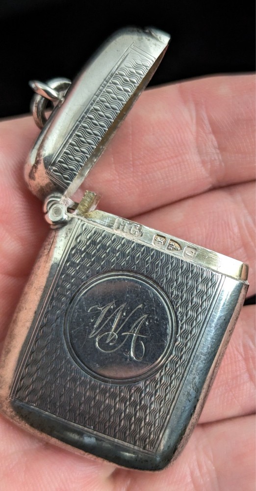 Antique sterling silver vesta case, Victorian, WA initials