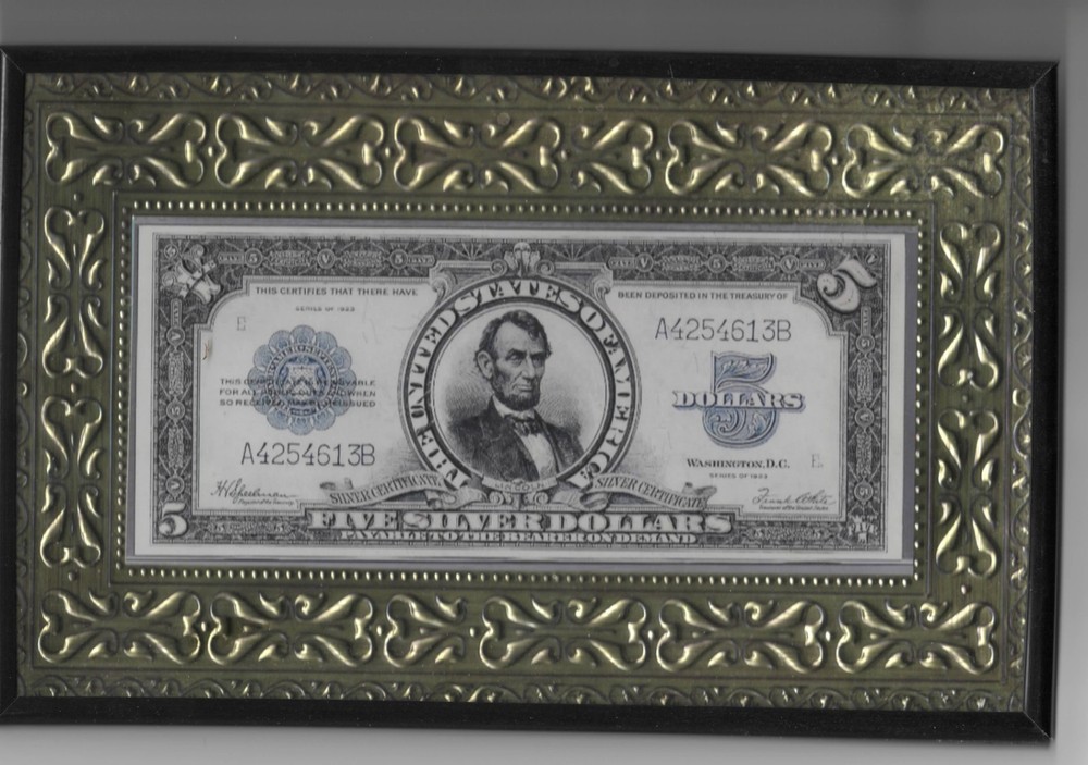 1922 $5.00 SILVER CERTIFICATE FRAMED PHOTO SHIPS FREE