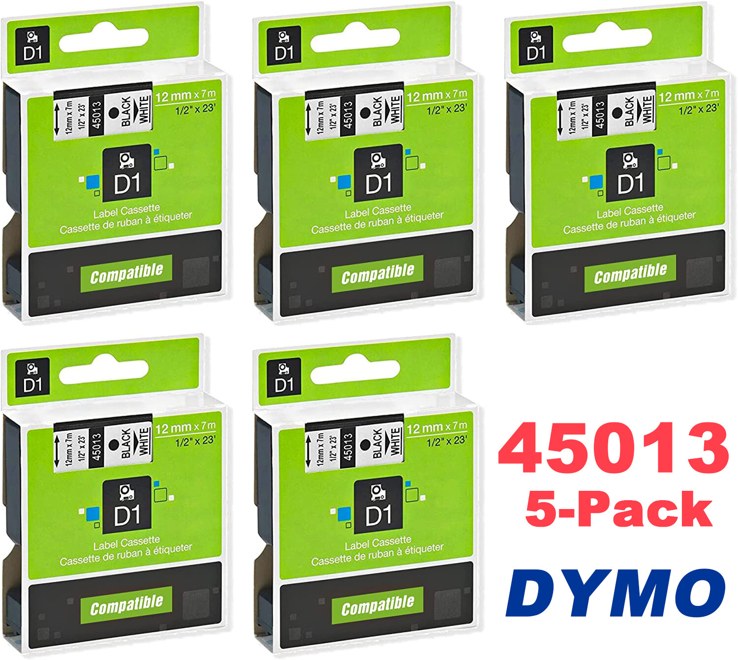 5x dymo label tape D1 45013 Black on White 1/2 Inch x 23 Feet Compatible product