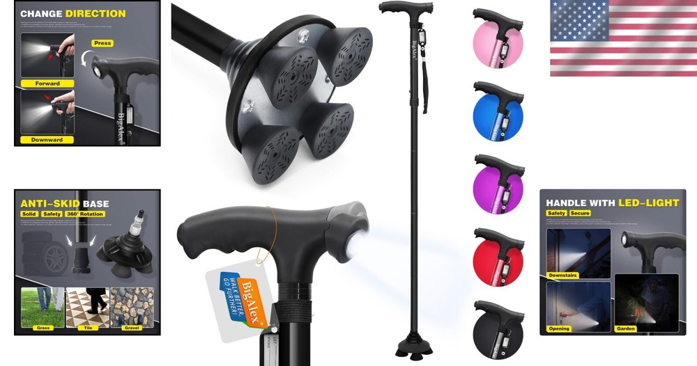 Folding Walking Cane with LED Light & Pivoting Quad Base - Adjustable & Portable
