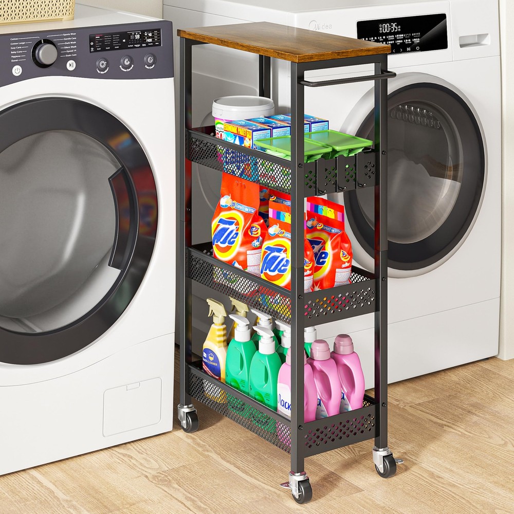 4-Tier Slim Storage Cart: Fruit & Vegetable Baskets for Kitchen, Laundry & Bath