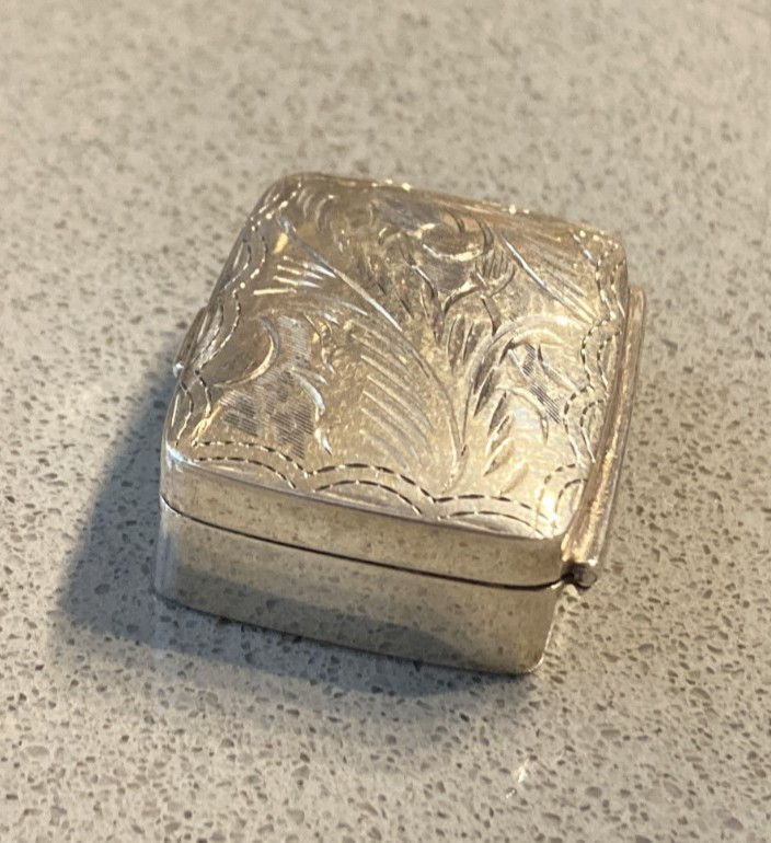 Vintage Engraved Sterling Silver Rectangle Pill Box