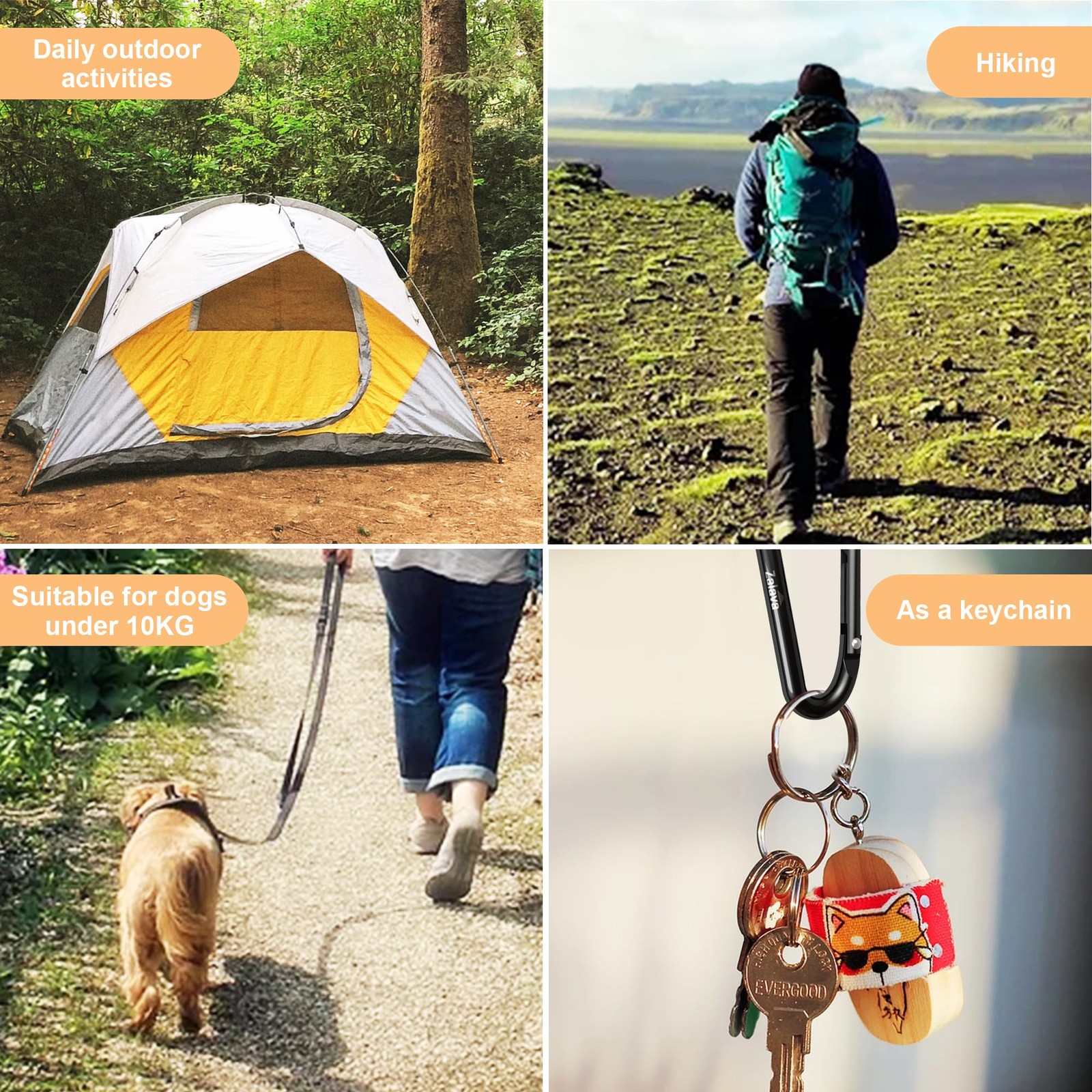 2.3'' Carabiner 6-Pack, D-Ring Aluminum Clips Keychain, Black