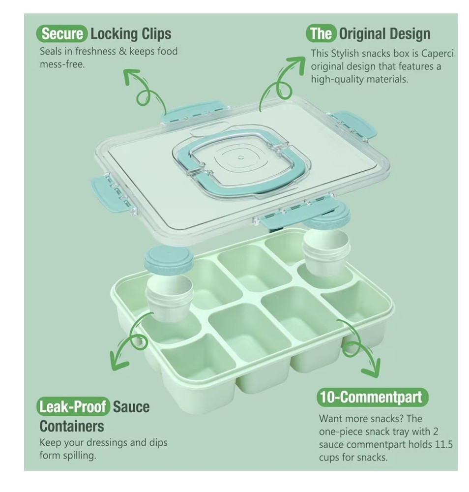 Caperci Original Snackle Box Container - 10-Compartment Divider. Mint Green
