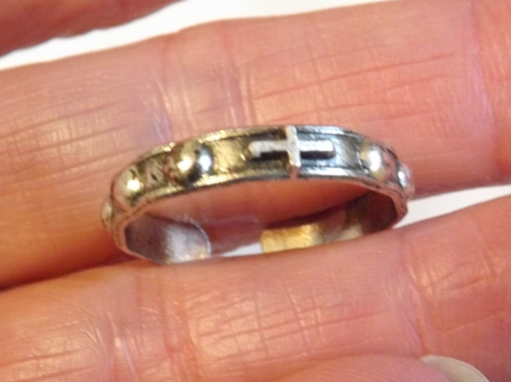 Vtg 1960's new old stock pocket rosary band ring adjustable 10 religious cross