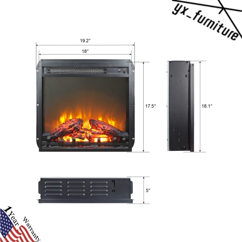 18" Insert Electric Fireplace Ultra Thin Heater with Log Set & Realistic Flame
