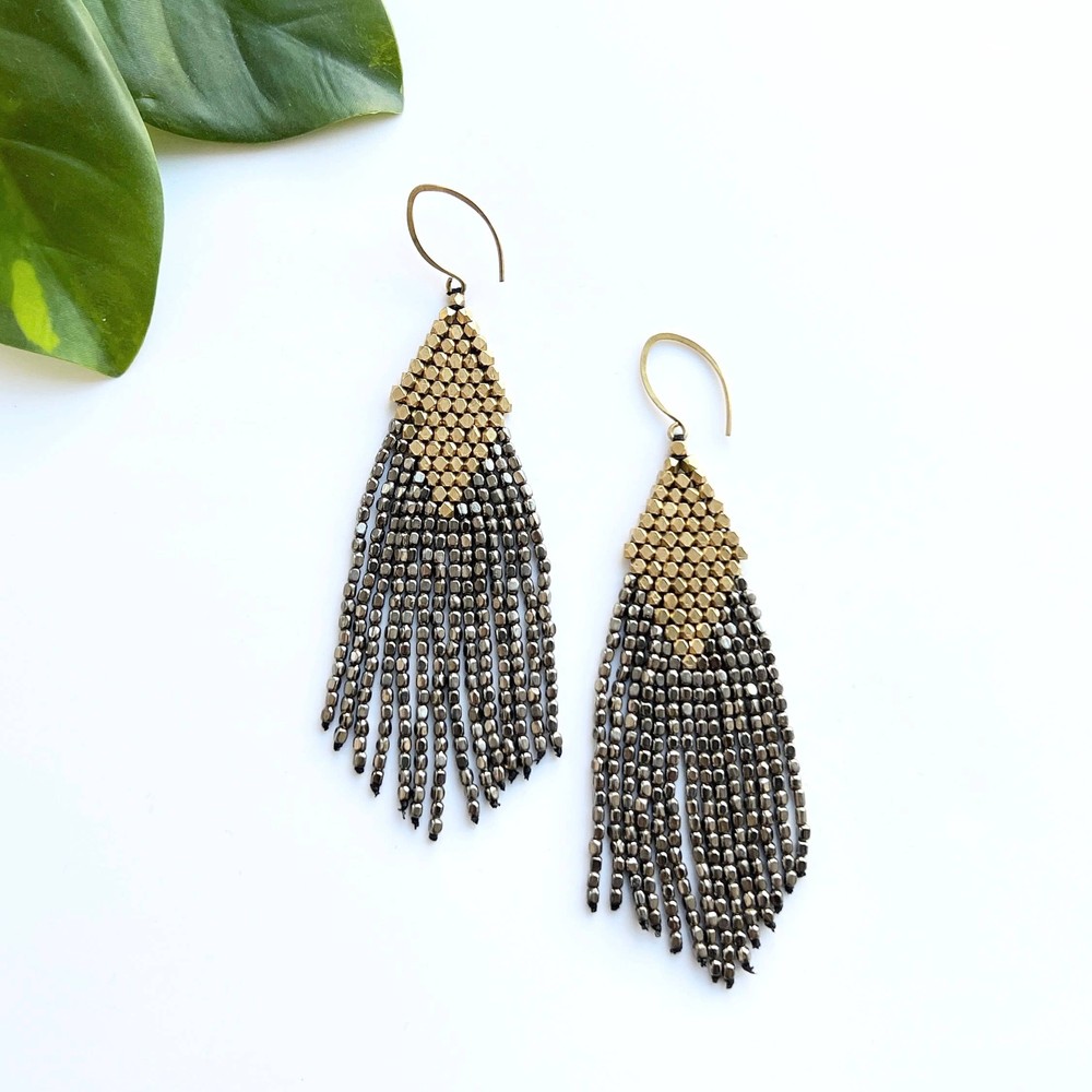 Brass Beaded Diamond Fringe Drop Earring