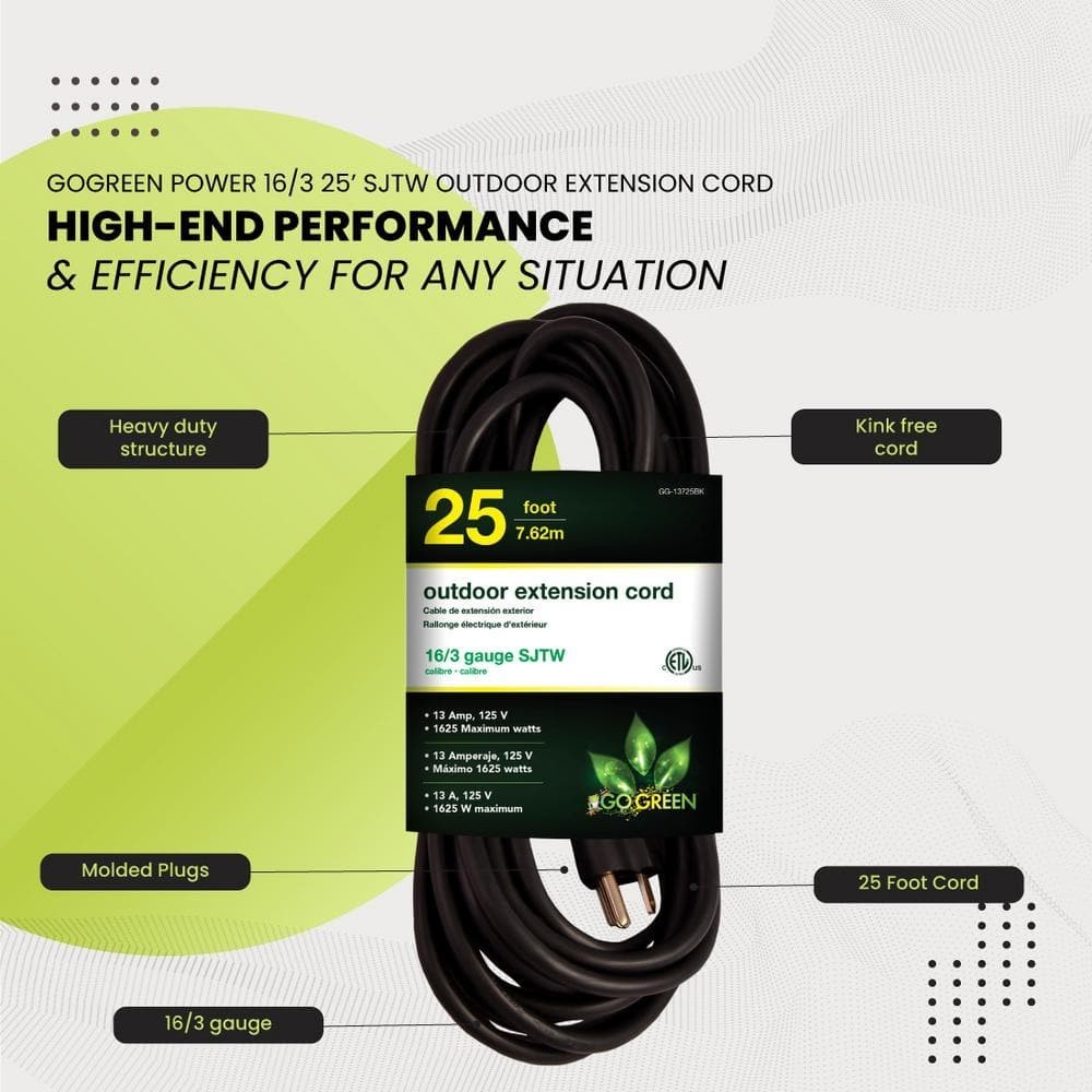 GoGreen Power 25 ft Heavy Duty Extension Cord 16/3 SJTW Black GG-13725BK Outdoor