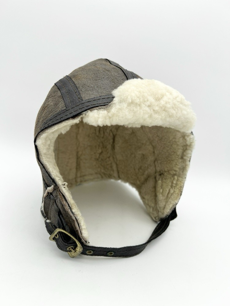 Vintage Shearling Leather Aviator Hat Flight Cap Brown Large Bomber