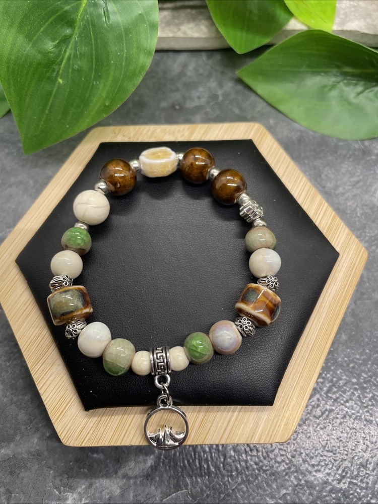 Handmade Ceramic Bead Beaded Stackable 6.5” Plus Stretch Bracelet New B286