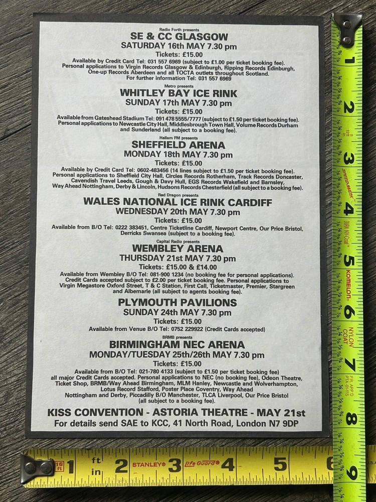 KISS Handbill Concert Ad Flyer Revenge Tour UK London Scotland 1992 Vintage Kiss