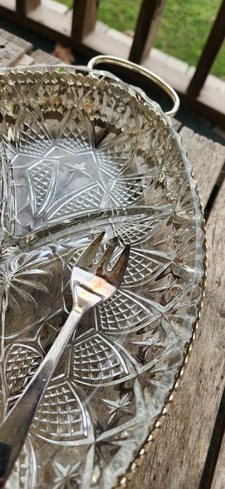 Vintage Sheffield England Clear Pressed Glass Divided Dish Silverplate Holder