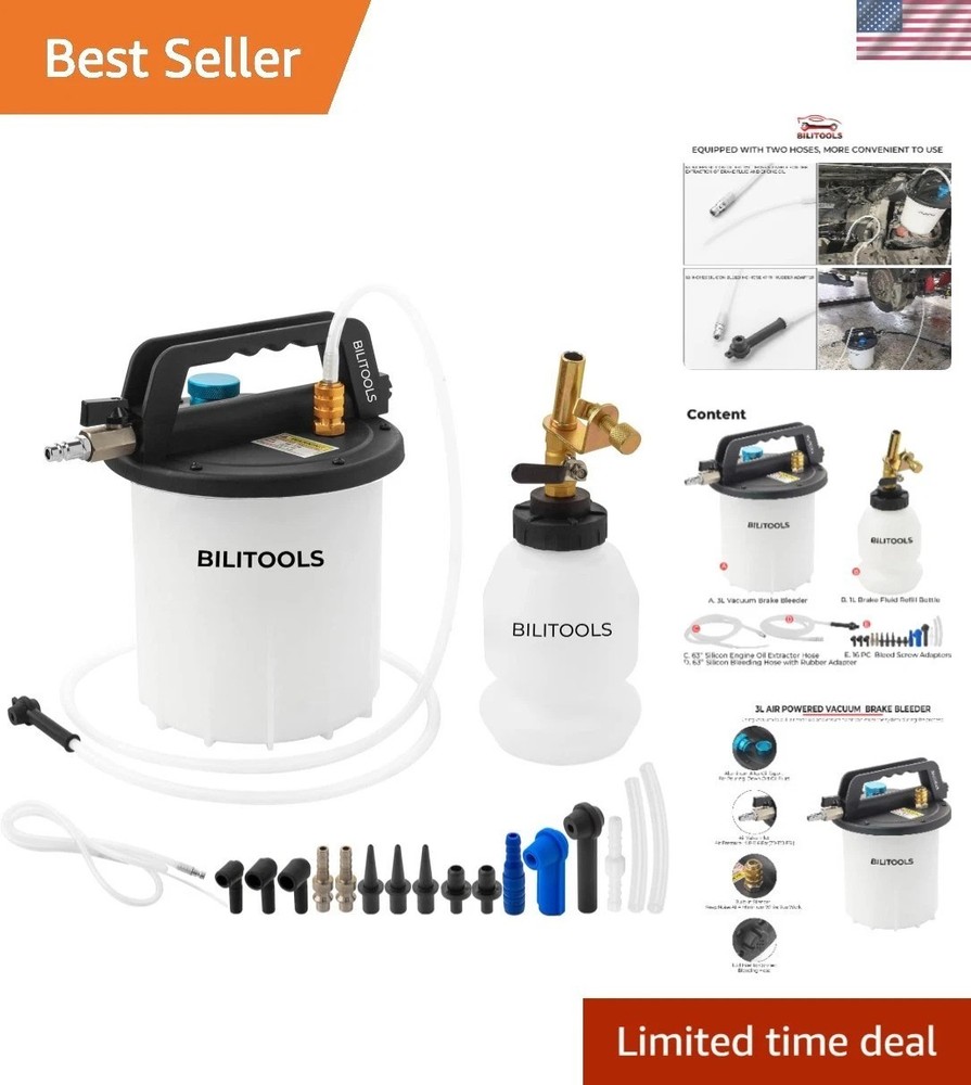 Heavy-Duty 3L Brake Bleeding Vacuum Pump Kit - Includes Adapters & Hoses