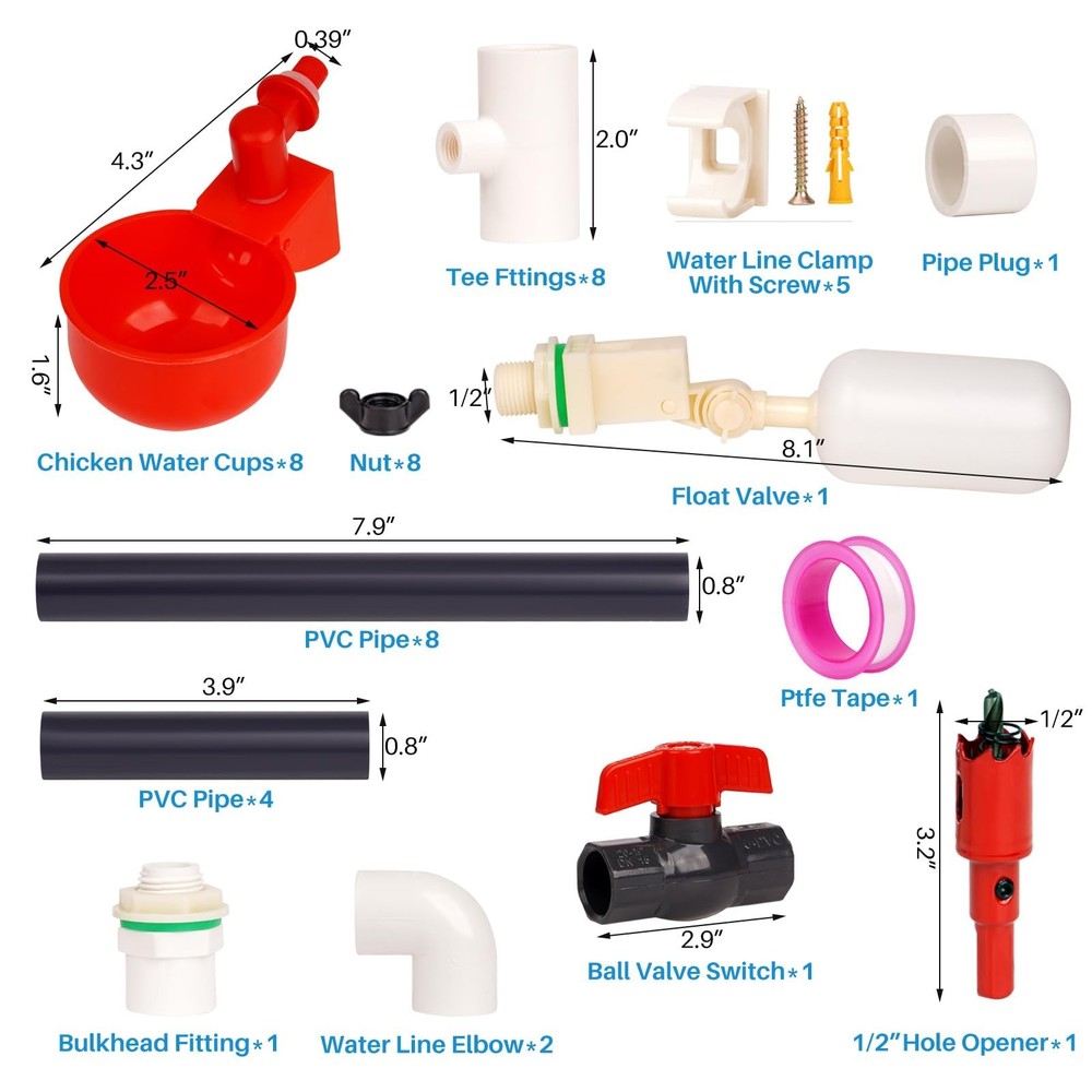 8 Chicken Water Cups Feeder Automatic Chicken Waterer System with Tee Fitting...