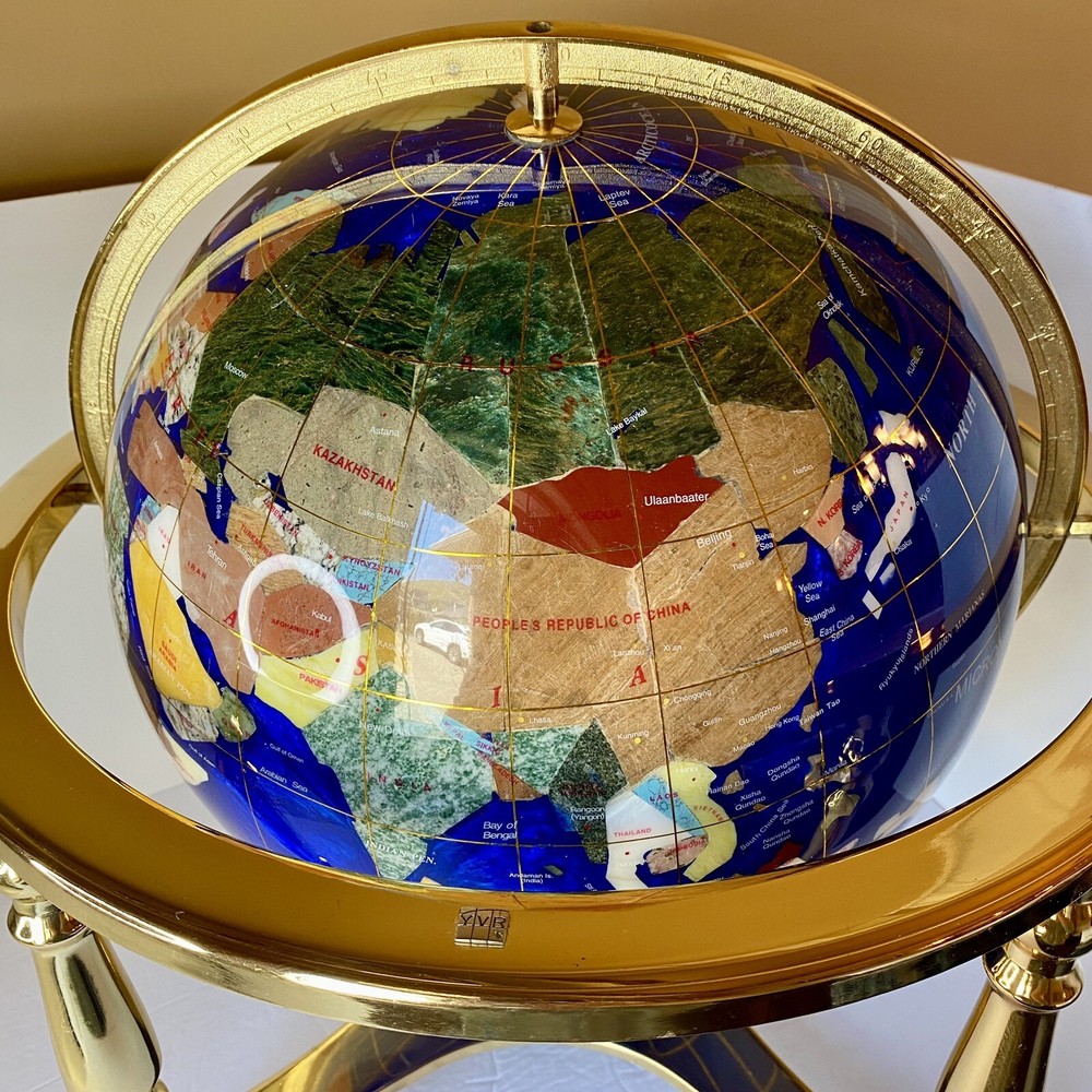 18”Blue Globe Ocean Gold 4 leg table stand Gem Gemstone World MAP Compass
