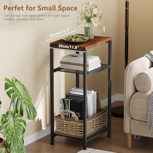 Small Side Table Set of Tall End Table with Adjustable Shelf, 2 Rustic Brown