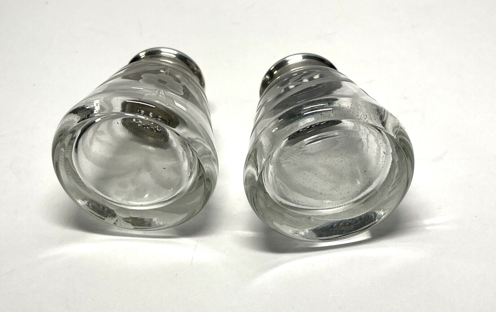 Etched Hand-Blown Glass Salt & Pepper Shaker Set Sterling Silver Tops - Vintage