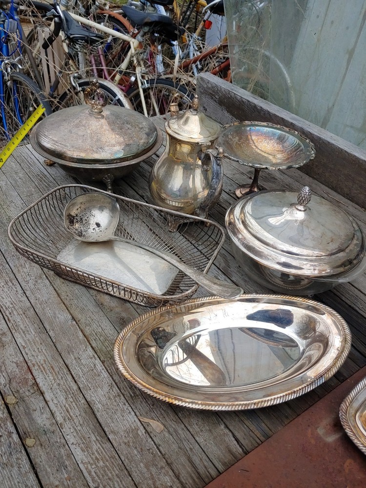Large 19th Century Silver-plate Lot 9 Piece Set With Glass