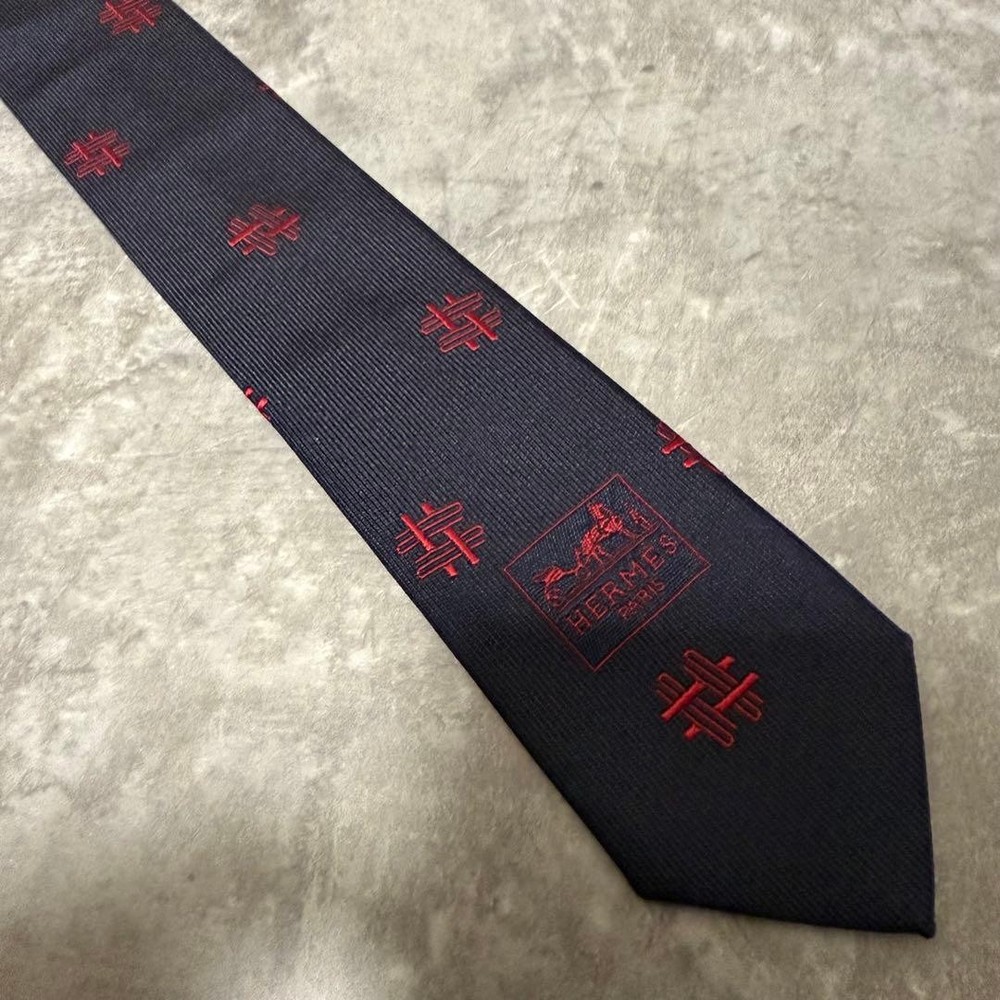 HERMES Tie Navy Fason H Pattern Silk
