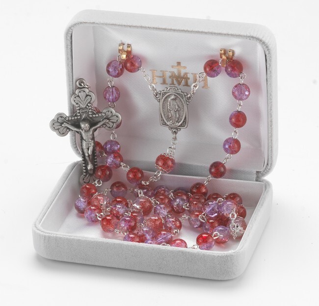 6mm Ruby/Amethyst Glass Flower Bead Rosary with  Pewter, 24", US Made, Gift Box