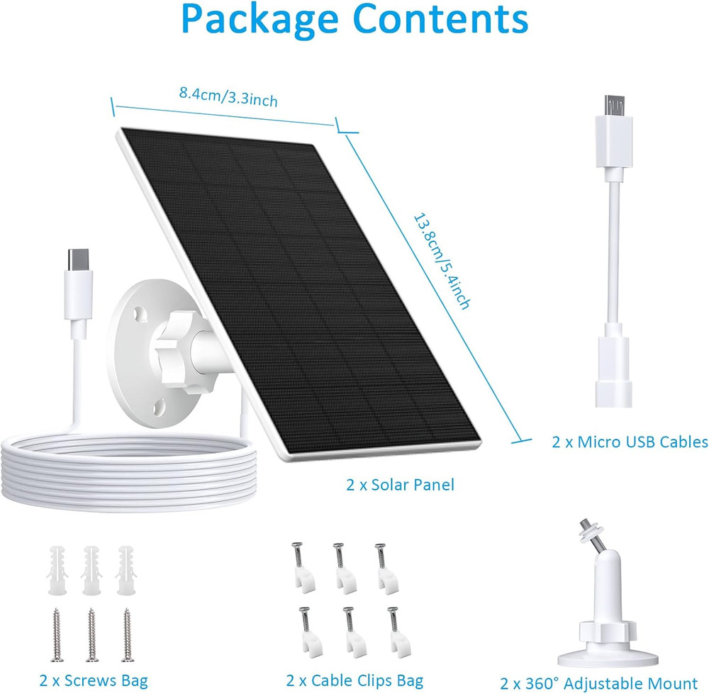 Solar Panel for Security Camera, 2 Pack 2W Solar Charger with Micro USB & USB-C