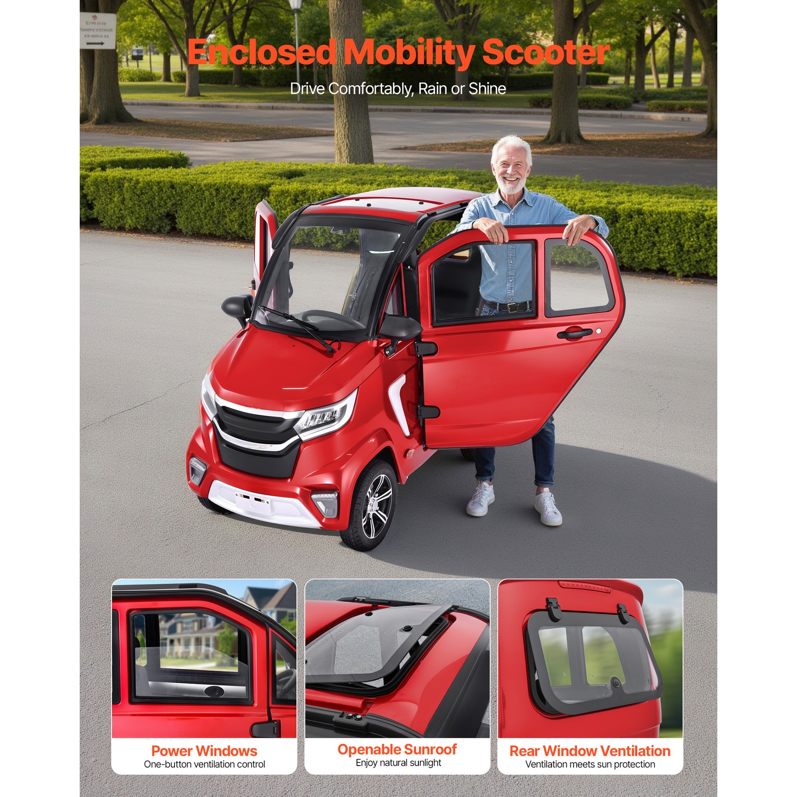 Uimoso 4-Wheel Enclosed Mobility Scooter for Seniors, 660lbs Capacity, 3-Seater