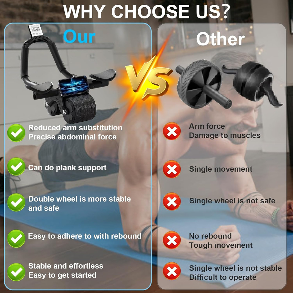 2026 Upgraded Ab Roller Wheel with Knee Mat &Timer - Automatic Rebound Abdominal