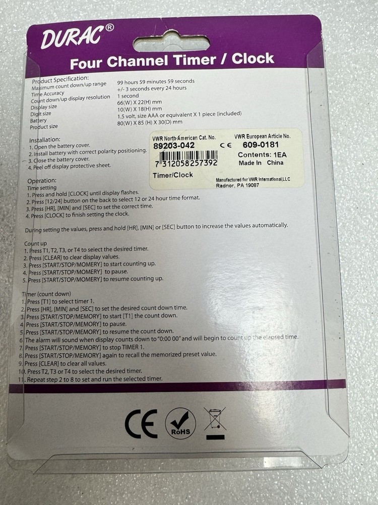 VWR Durac Timer Clock 4 Channel 609-0181, 89203-042