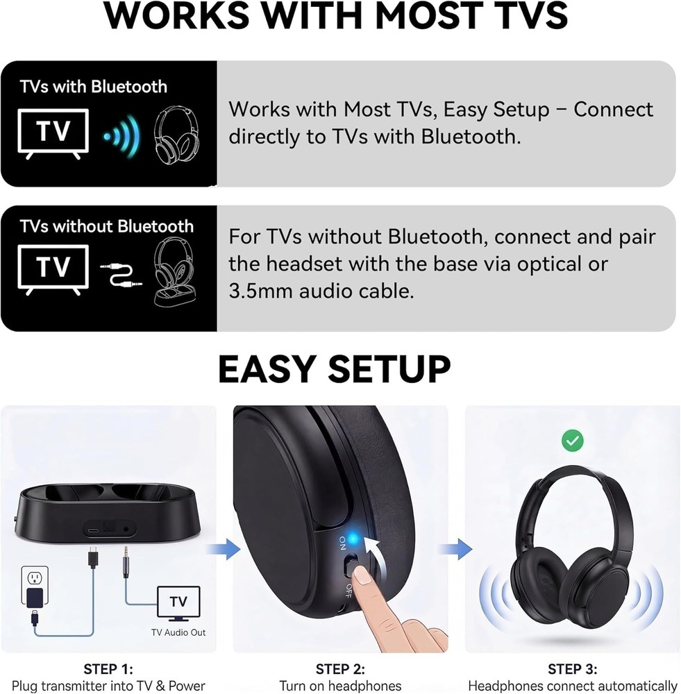 Swiitech Wireless Headphones for TV Transmitter Charging Base, Bluetooth