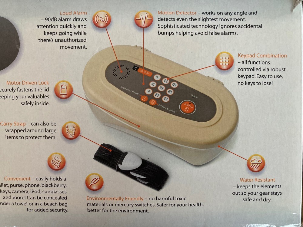 Yelpie Portable Safe For Beach, Camping, Picnic, etc w/ Motion Alarm & Code MINT