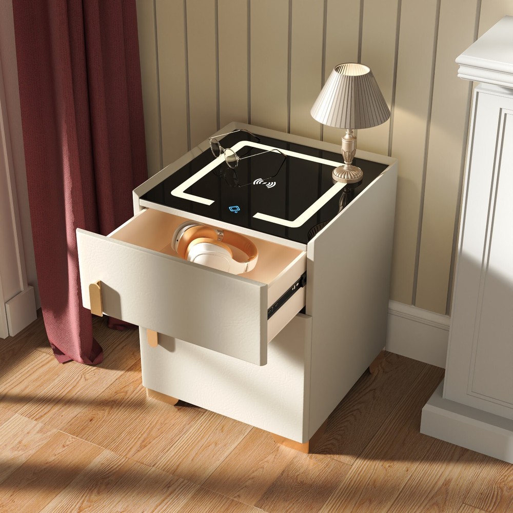 Cream White Smart Nightstand | Safe, Wireless Charging, RGB Light