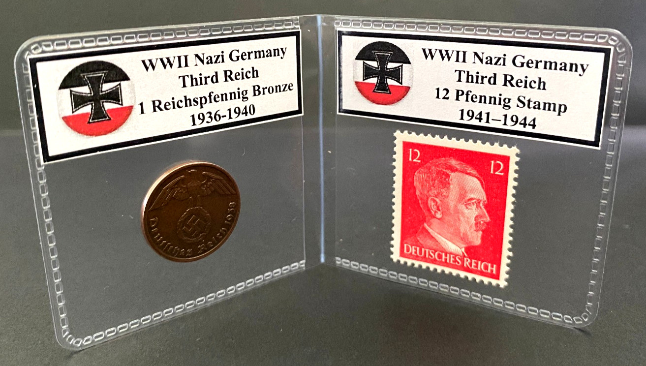 Germany WWII Era Third Reich Nazi Genuine Coin & Stamp Set 1 Reichspfennig