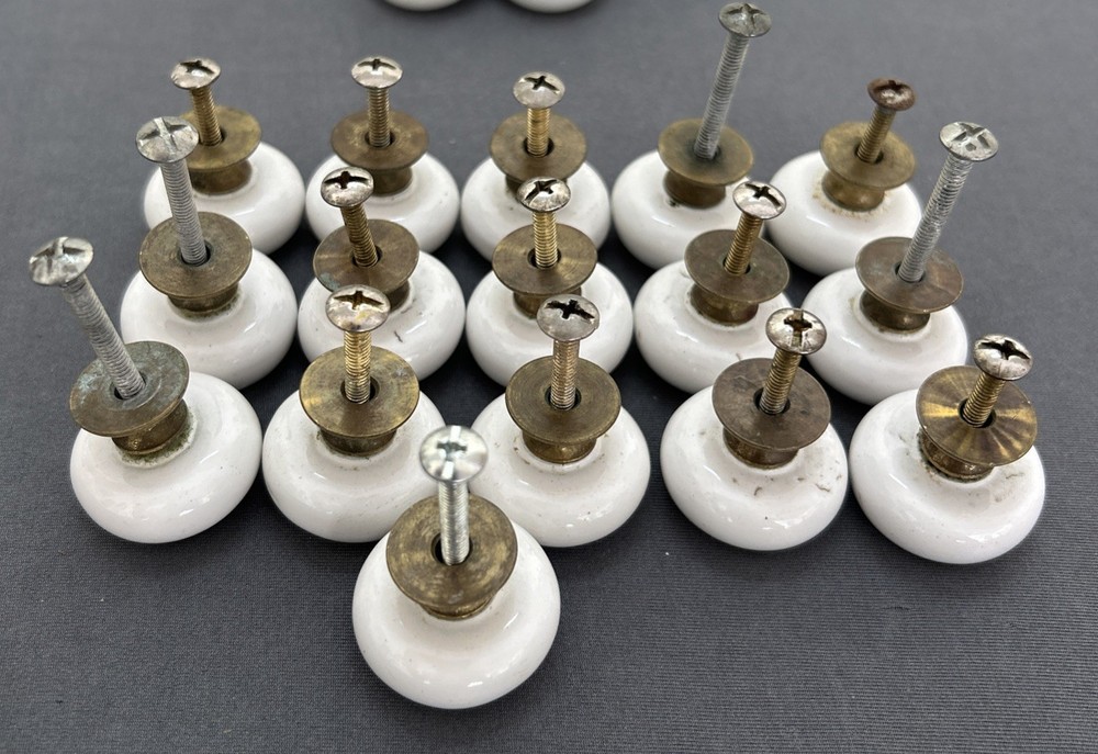 Lot 38 White Porcelain Cabinet Knobs 1.25” Brass Vintage Drawer Pulls Hardware