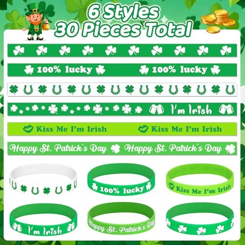 St. Patrick's Day Rubber Bracelets - 30 Pcs Lucky Shamrock Silicone