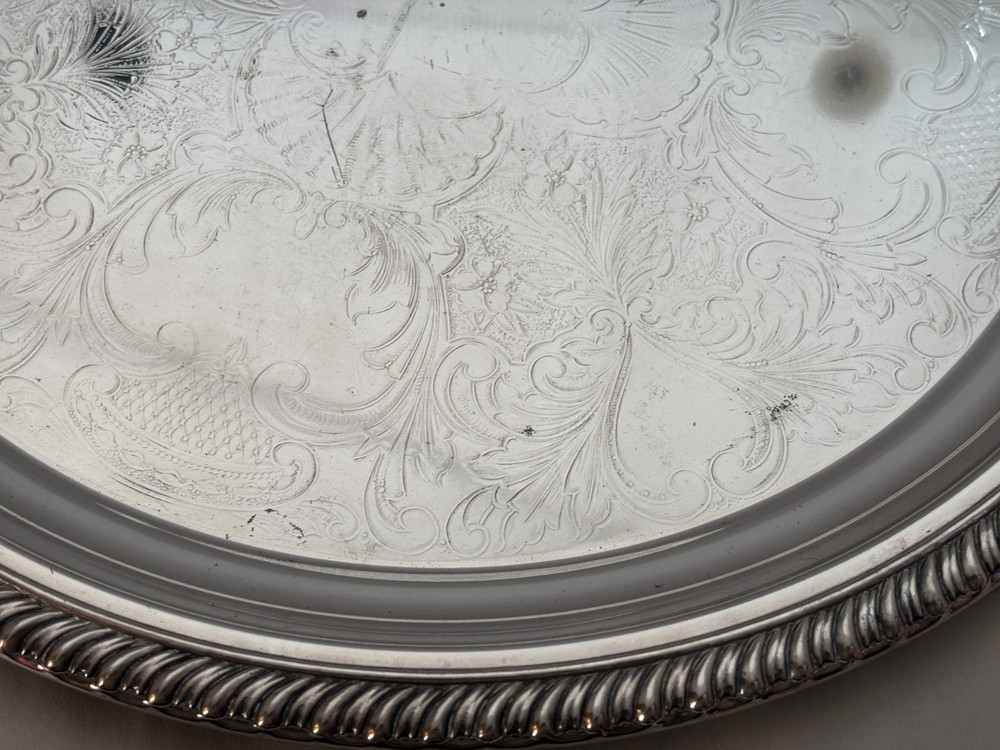 Unbranded Silver Plate Serving Tray with Makers Marks Round with Rope Edge