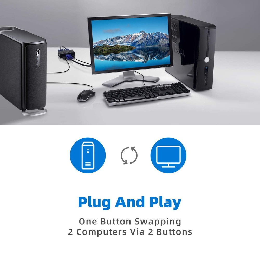 VGA USB KVM Switch, 2 Port Switcher Selector 2 KVM, Black